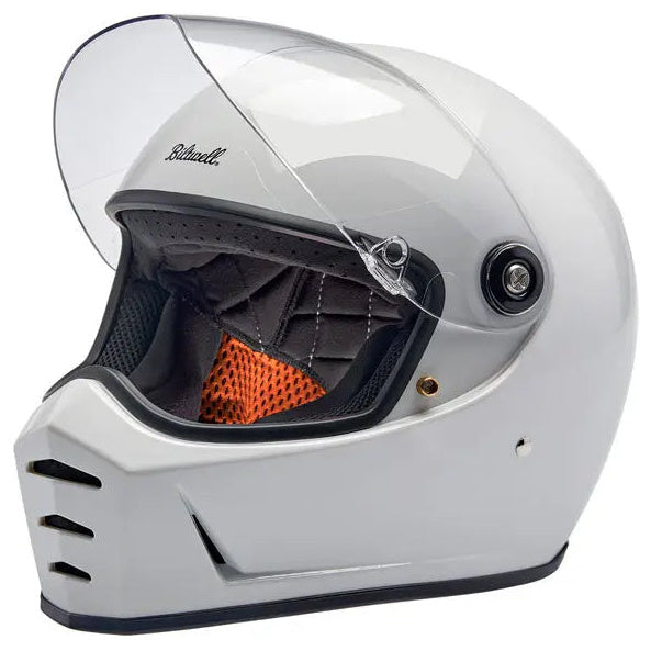 Biltwell Lane Splitter Gloss White full-face motorcycle helmet, left-front three-quarter view with visor raised