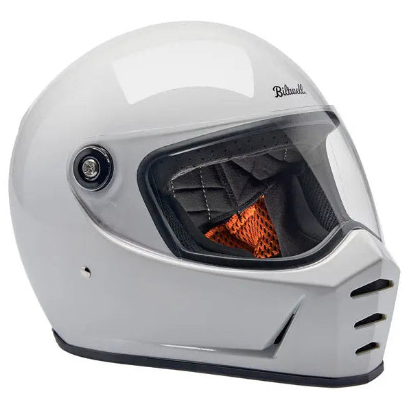 Biltwell Lane Splitter Gloss White full-face motorcycle helmet, right-front three-quarter view with visor closed