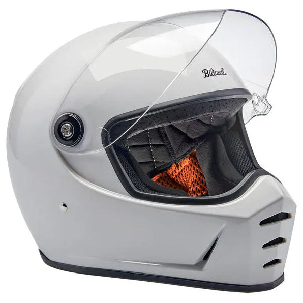 Biltwell Lane Splitter Gloss White full-face motorcycle helmet, right-front three-quarter view with visor raised