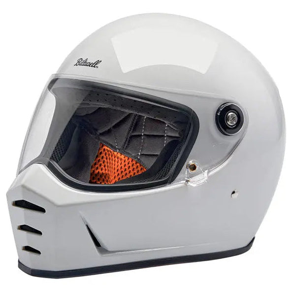 Biltwell Lane Splitter Gloss White full-face motorcycle helmet, left-front three-quarter view with visor closed