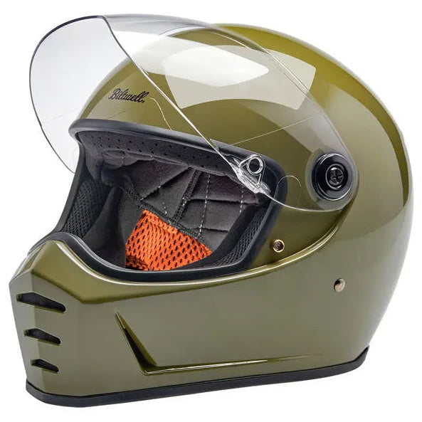 Biltwell Lane Splitter Olive Green - left-front view with visor raised