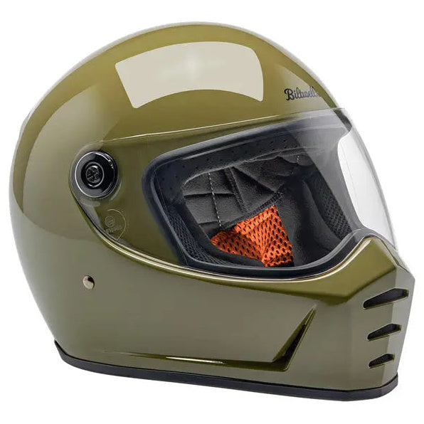 Biltwell Lane Splitter Olive Green - right-front view with visor closed