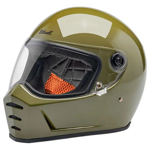 Biltwell Lane Splitter Olive Green - left-front view with visor closed