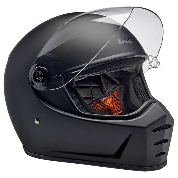 Biltwell Lane Splitter Flat Black full-face motorcycle helmet, right-front three-quarter view with visor raised