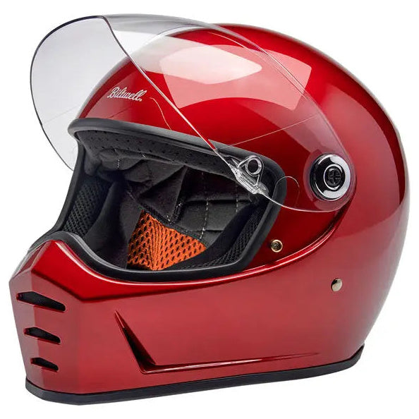 Biltwell Lane Splitter Cherry Red full-face motorcycle helmet, left-front three-quarter view with visor raised