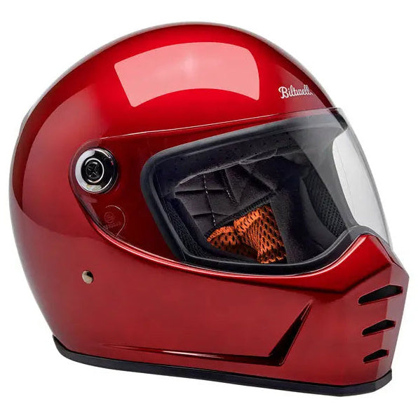 Biltwell Lane Splitter Cherry Red full-face motorcycle helmet, right-front three-quarter view with visor closed
