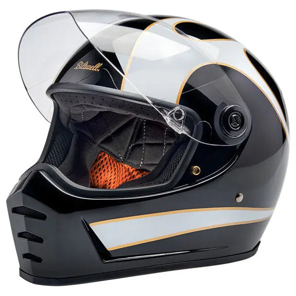 Biltwell Lane Splitter White Flames full-face motorcycle helmet, left-front three-quarter view with visor raised