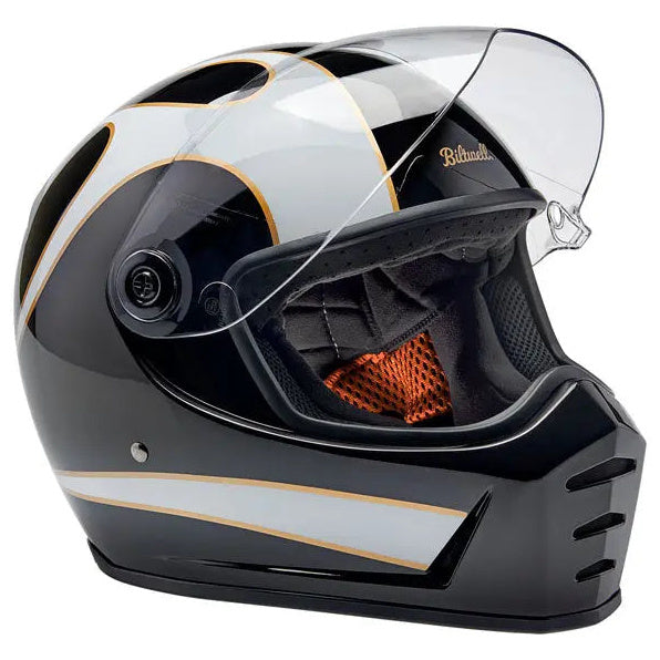 Biltwell Lane Splitter White Flames full-face motorcycle helmet, right-front three-quarter view with visor raised