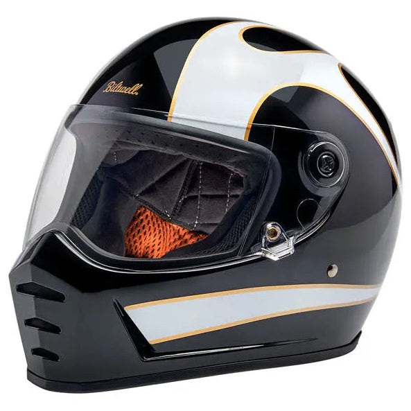 Biltwell Lane Splitter White Flames full-face motorcycle helmet, left-front three-quarter view with visor closed