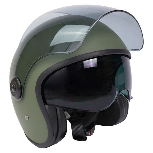 ByCity The City Matt Green open-face motorcycle helmet - front view with clear visor raised and sun visor down