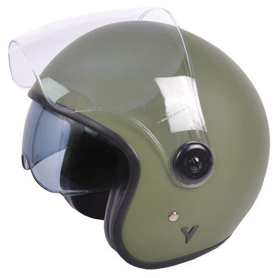 ByCity The City Matt Green open-face motorcycle helmet - left-front view with clear visor raised and sun visor down