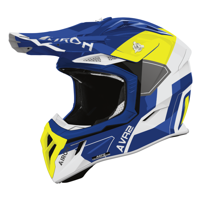 Airoh Aviator Ace 2 Shield Blue / Yellow motocross motorcycle helmet, left-side view