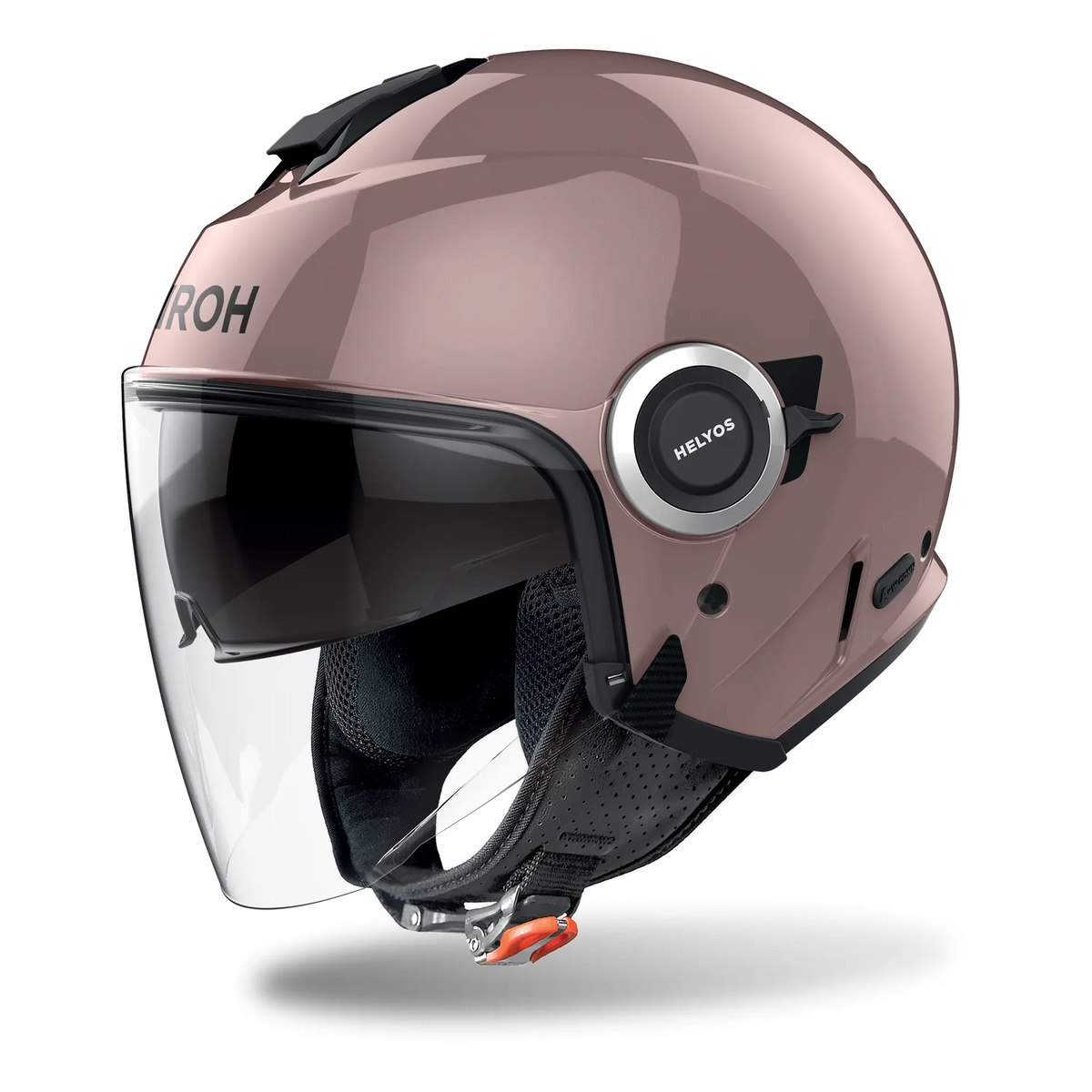 Airoh Helyos Metallic Rose open-face motorcycle helmet, left-front three-quarter view