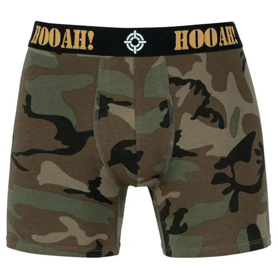Army Surplus Woodland Hooah Boxer Shorts — front view