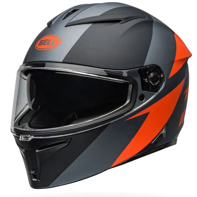 Bell Lithium Shear ECE 22.06 Grey / Orange full-face motorcycle helmet, front-left three-quarter view