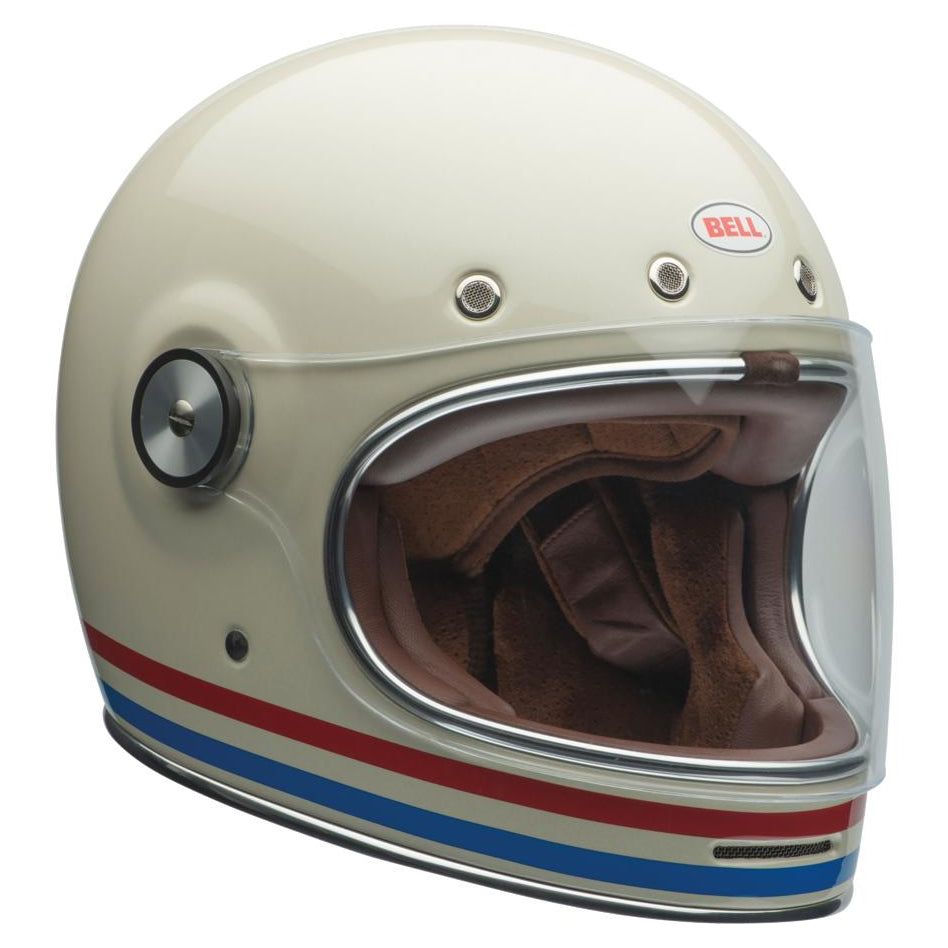 Bell Bullitt Retro White / Stripes Gloss White Oxblood Blue full-face motorcycle helmet, left-front three-quarter view