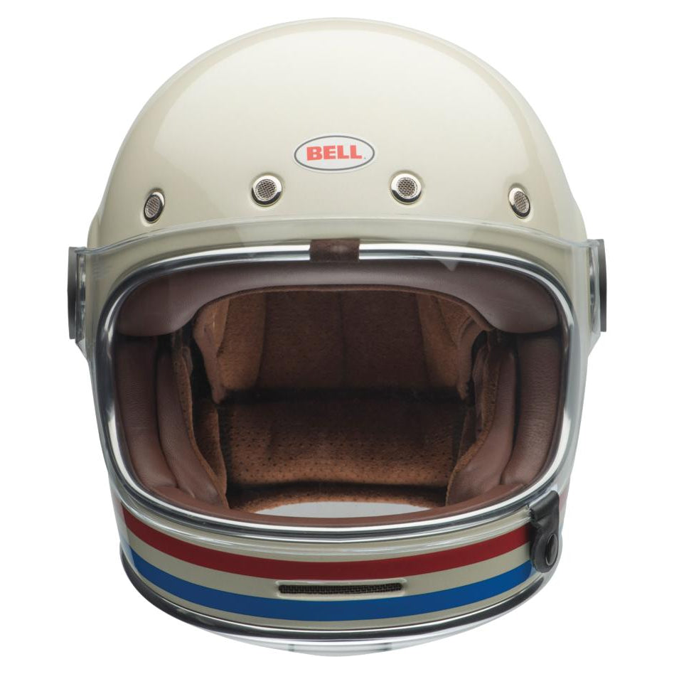Bell Bullitt Retro White / Stripes Gloss White Oxblood Blue full-face motorcycle helmet, front view