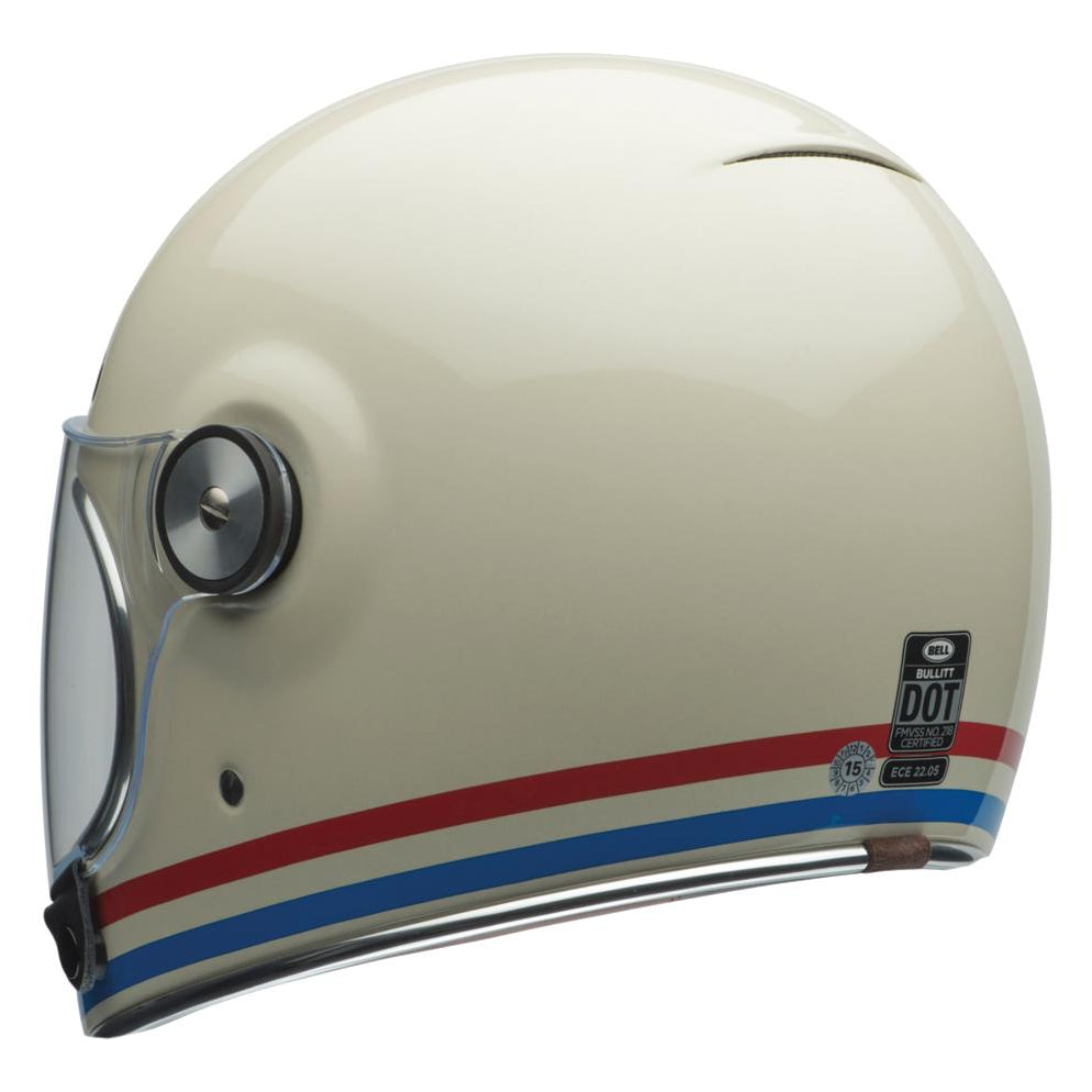 Bell Bullitt Retro White / Stripes Gloss White Oxblood Blue full-face motorcycle helmet, rear-left three-quarter view