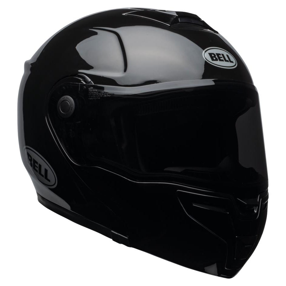 Bell SRT Modular Gloss Black flip-up motorcycle helmet, left-front three-quarter view with chin bar closed