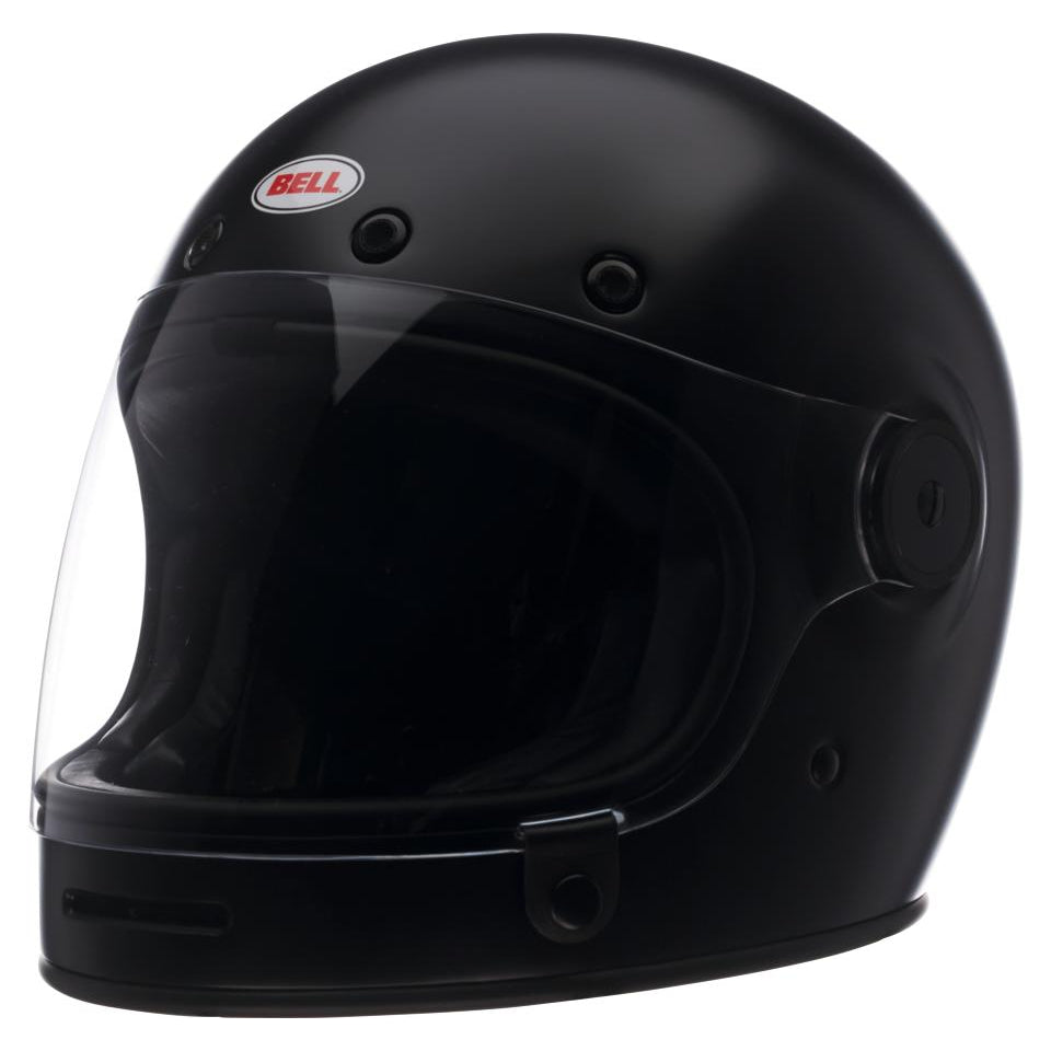 Bell Bullitt Retro Flat Black full-face motorcycle helmet, left-front three-quarter view with dark visor