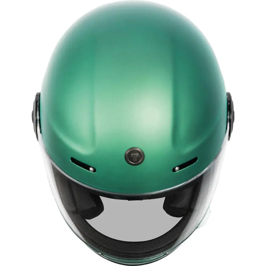 Torc T-1 Retro Cali Teal motorcycle helmet - front and top view