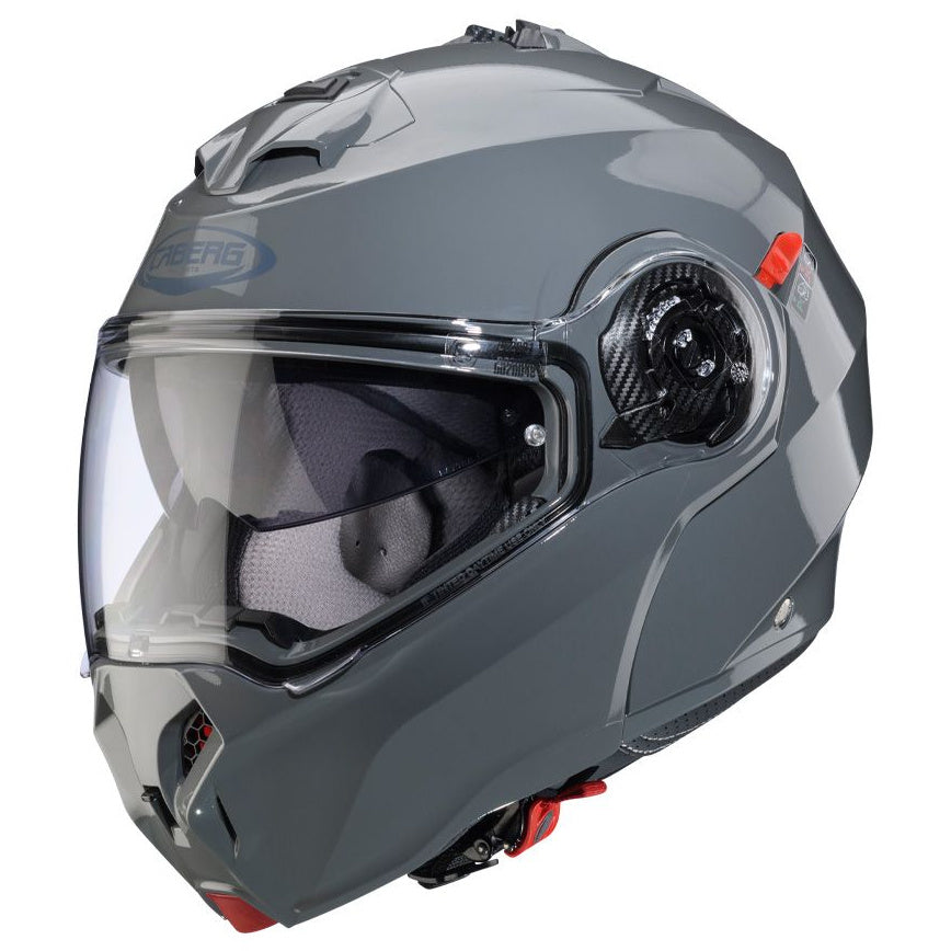 Caberg Duke Evo Stone Grey, front-left view with chin bar closed