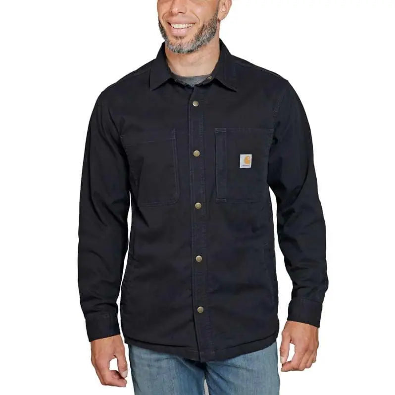 Carhartt Rugged Flex Relaxed Fit Canvas Fleece-Lined Snap-Front Shirt Jacket Black FREE UK Delivery, FREE 365 Day Returns | Moto Central
