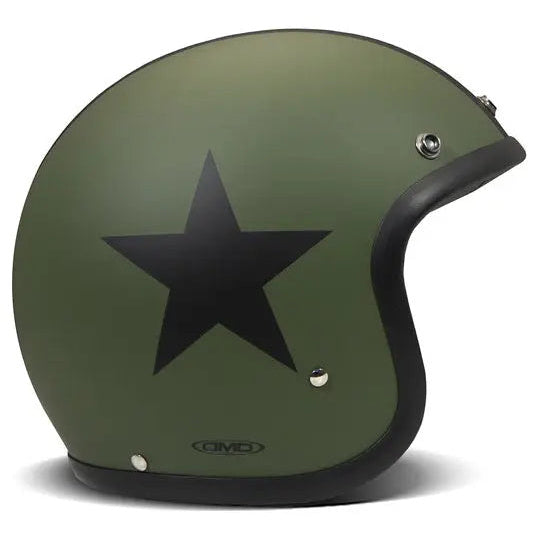 DMD Retro Star Green open-face motorcycle helmet, left-side view