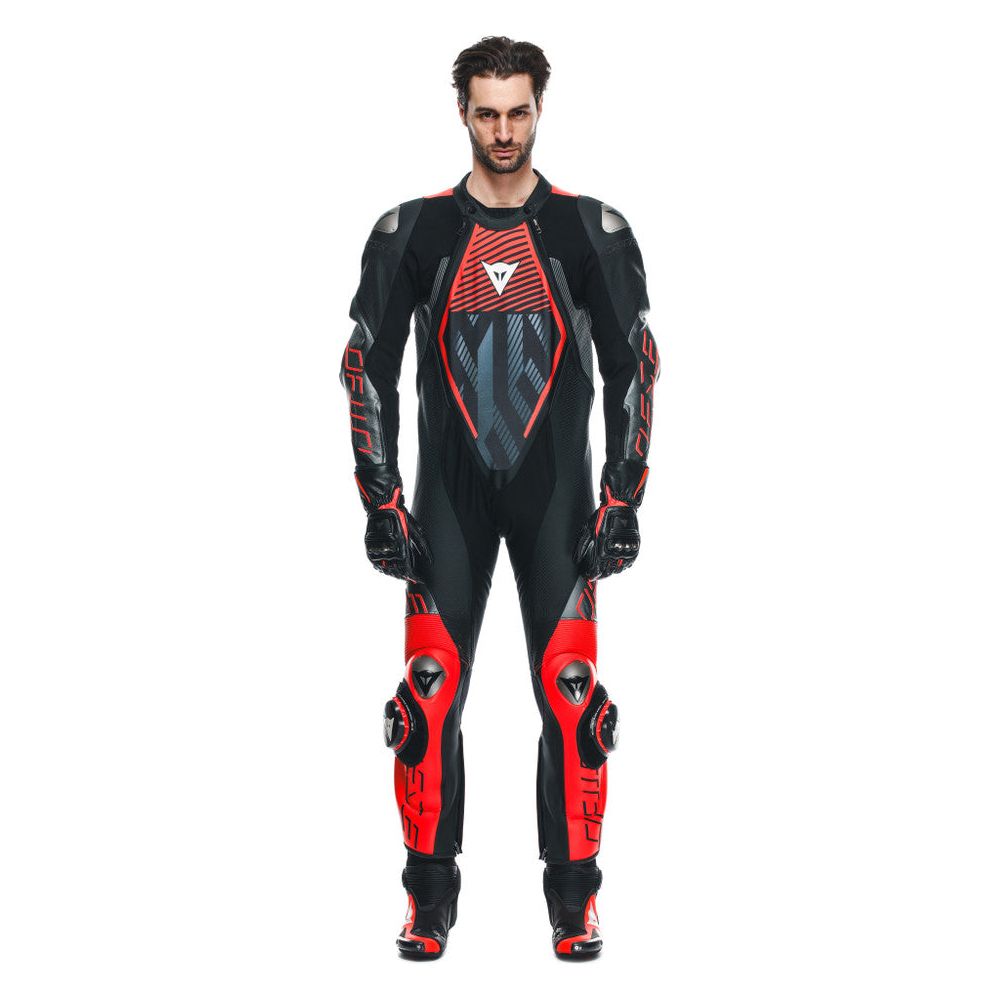 Dainese Audax D-Zip One Piece Perforated Leather Suit Black / Fluo Red / Anthracite