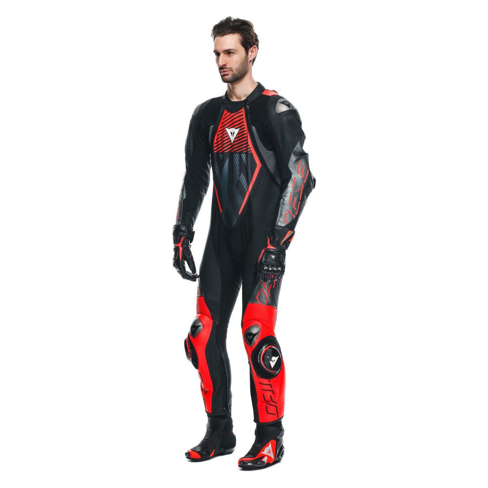 Dainese Audax D-Zip One Piece Perforated Leather Suit Black / Fluo Red / Anthracite