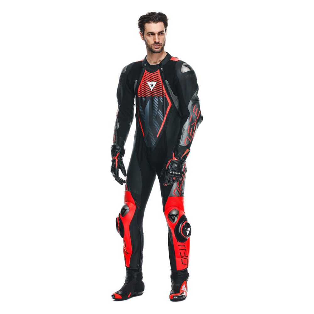 Dainese Audax D-Zip One Piece Perforated Leather Suit Black / Fluo Red / Anthracite