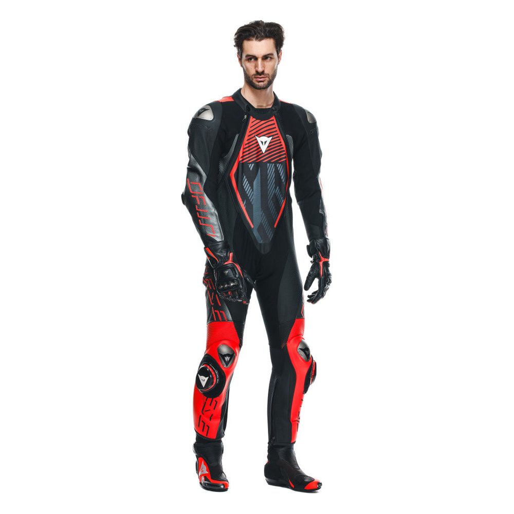 Dainese Audax D-Zip One Piece Perforated Leather Suit Black / Fluo Red / Anthracite