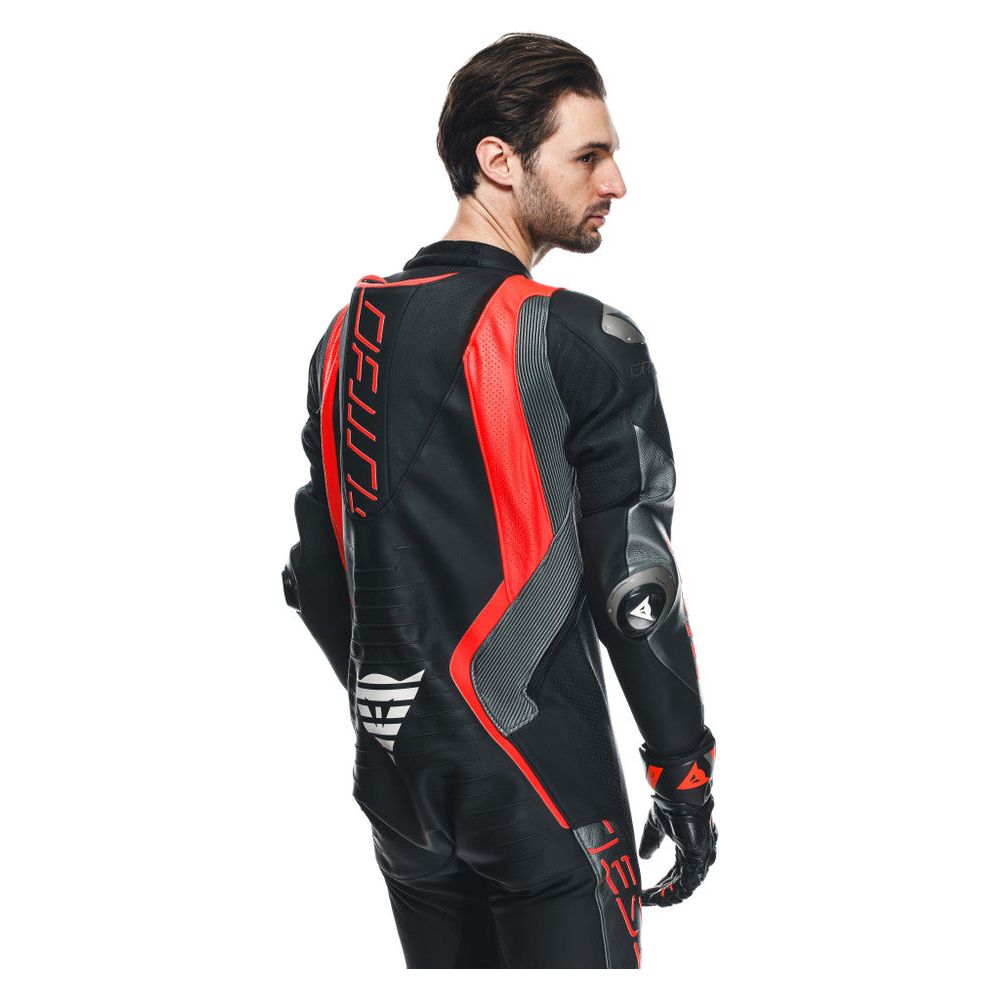 Dainese Audax D-Zip One Piece Perforated Leather Suit Black / Fluo Red / Anthracite