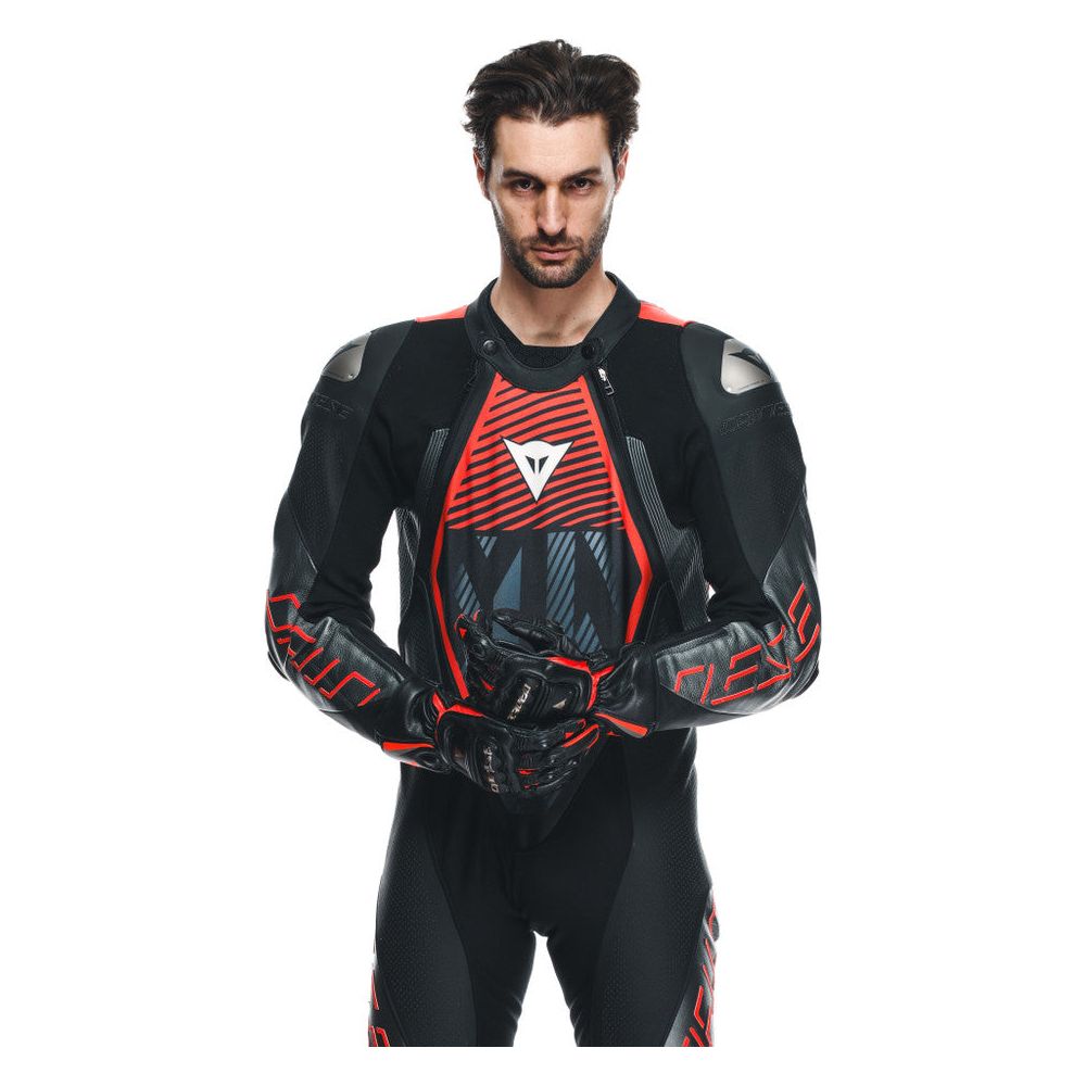 Dainese Audax D-Zip One Piece Perforated Leather Suit Black / Fluo Red / Anthracite