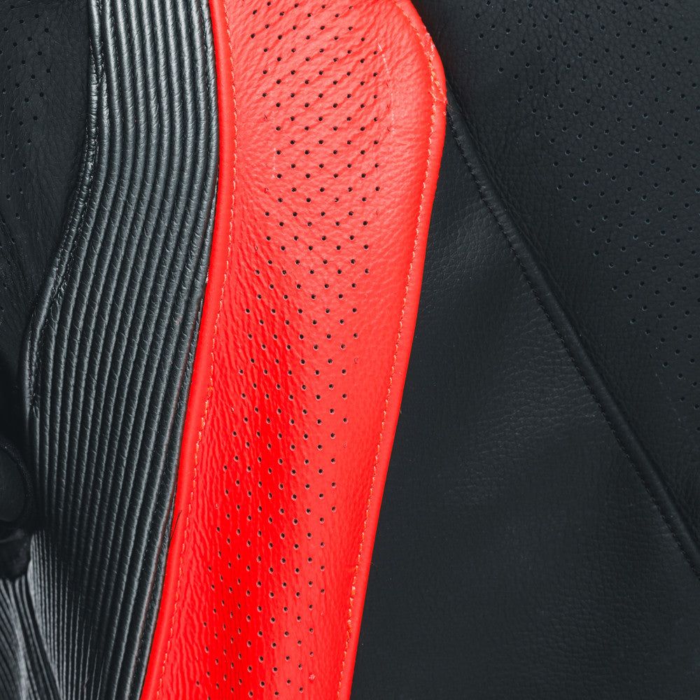 Dainese Audax D-Zip One Piece Perforated Leather Suit Black / Fluo Red / Anthracite