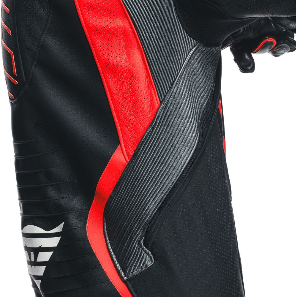 Dainese Audax D-Zip One Piece Perforated Leather Suit Black / Fluo Red / Anthracite