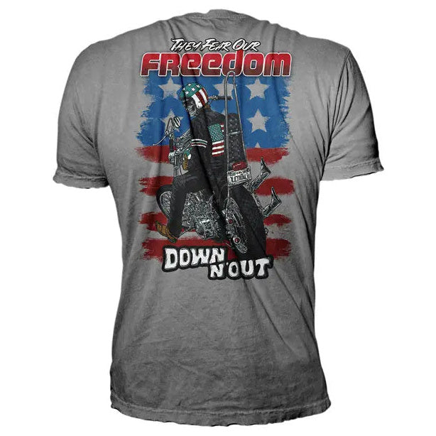 Down-N-Out Freedom Rider T-Shirt American Flag Grey — graphic rear view