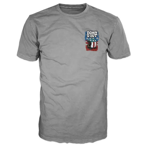 Down-N-Out Freedom Rider T-Shirt American Flag Grey — logo front view