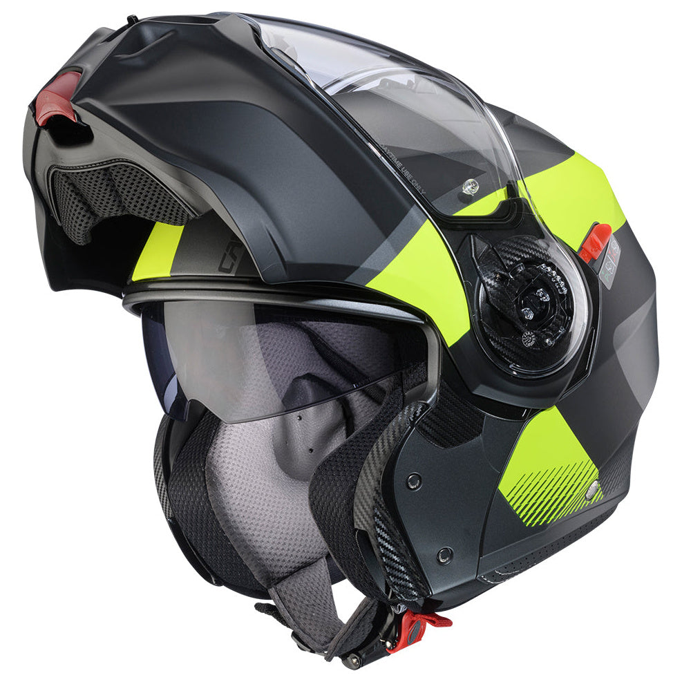 Caberg Duke Evo Indy Matt Gun Metal / Fluo Yellow / Black helmet with chin bar raised