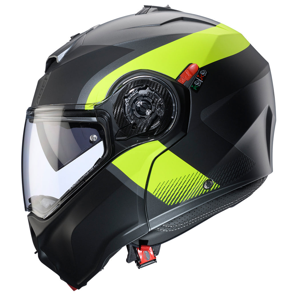 Caberg Duke Evo Indy Matt Gun Metal / Fluo Yellow / Black helmet, closed right-facing side view