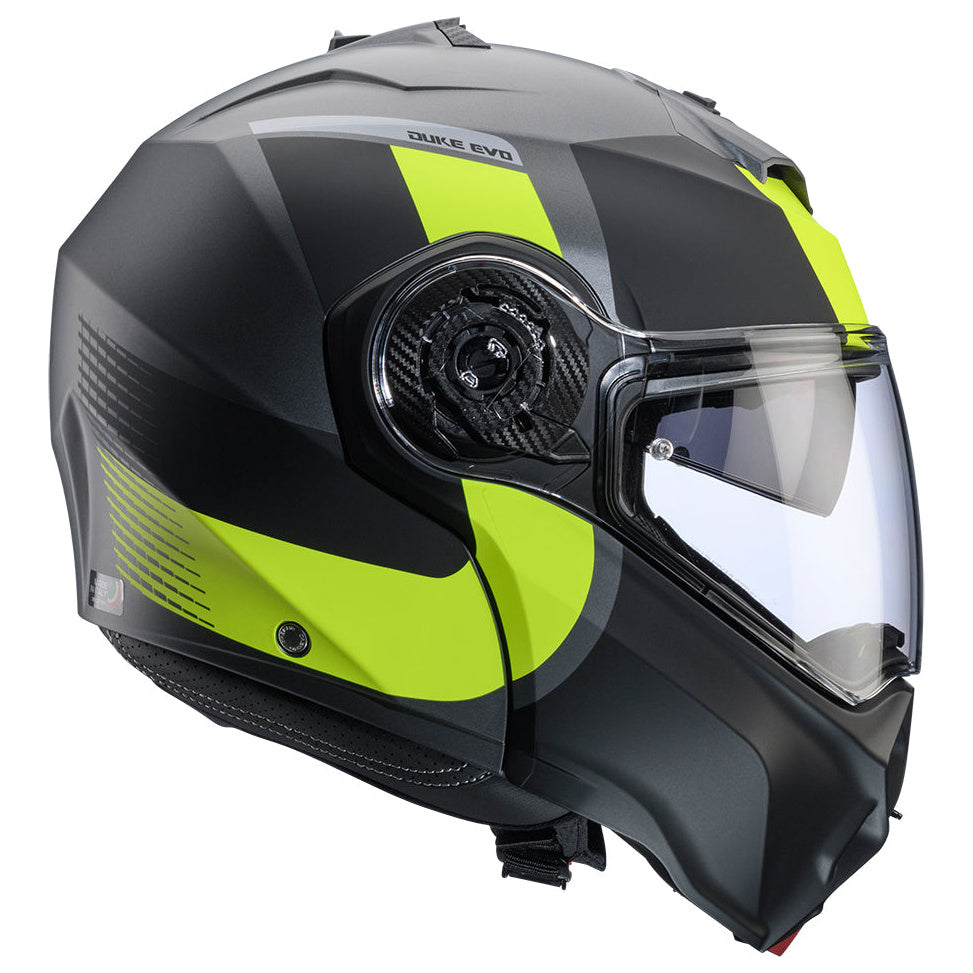 Caberg Duke Evo Indy Matt Gun Metal / Fluo Yellow / Black helmet, closed left-facing side view