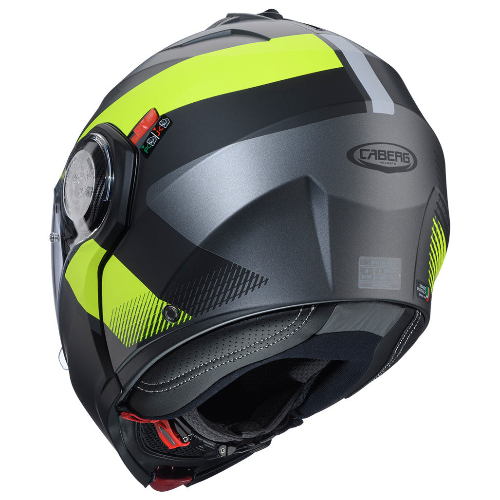Caberg Duke Evo Indy Matt Gun Metal / Fluo Yellow / Black helmet, rear three-quarter view