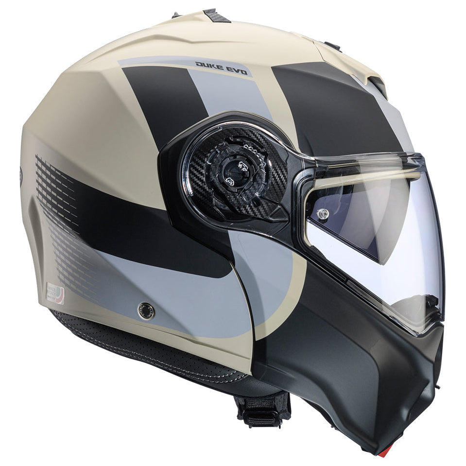 Caberg Duke Evo Indy Matt Sand / Black / Grey helmet, closed left-facing side view