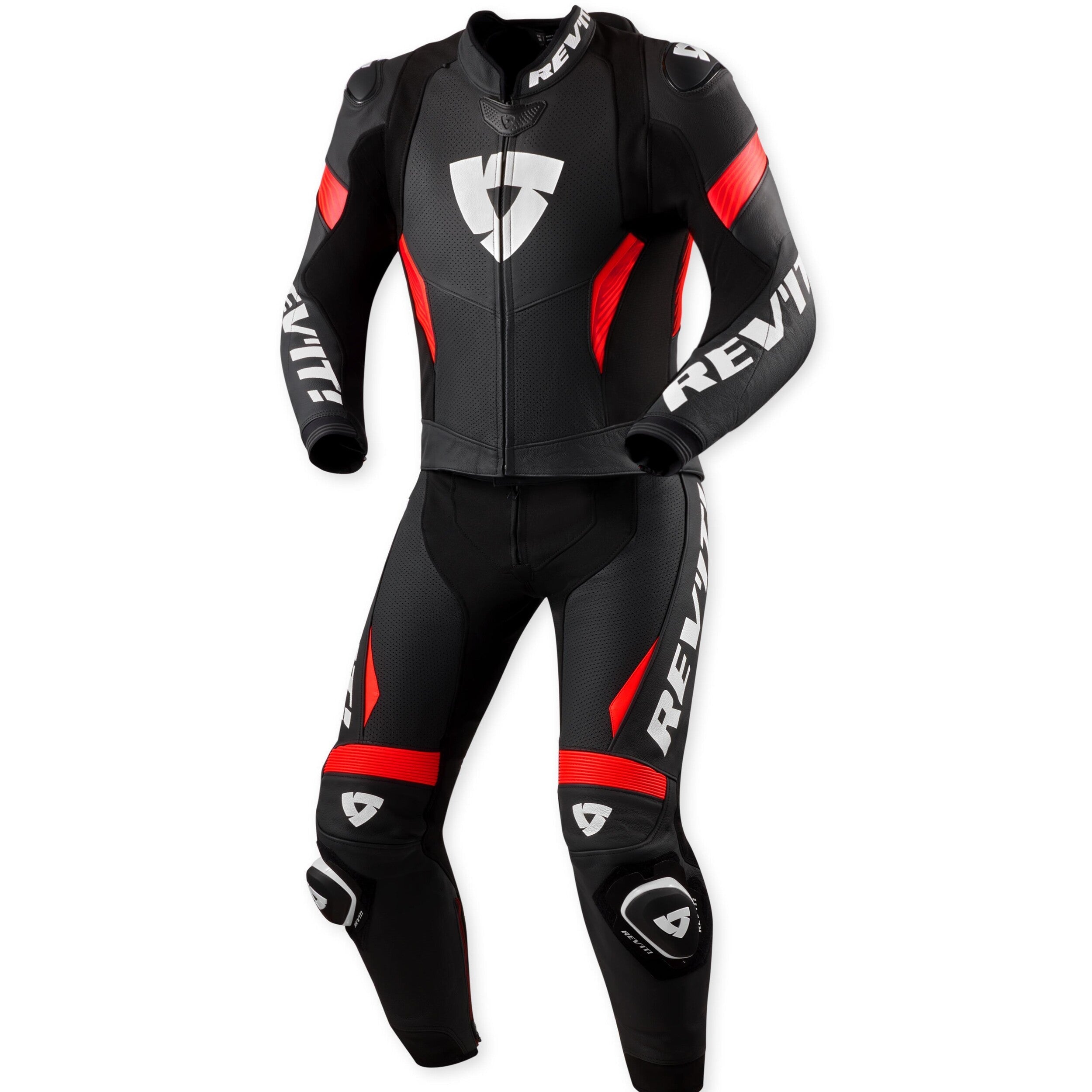 Revit Argon 3 Combi Two Piece Leather Suit Black / Neon Red front view
