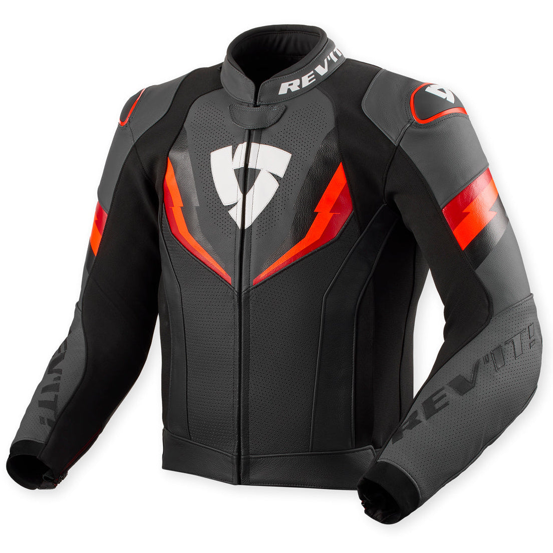 Revit Quantum 3 Leather Jacket Black / Neon Red – front view
