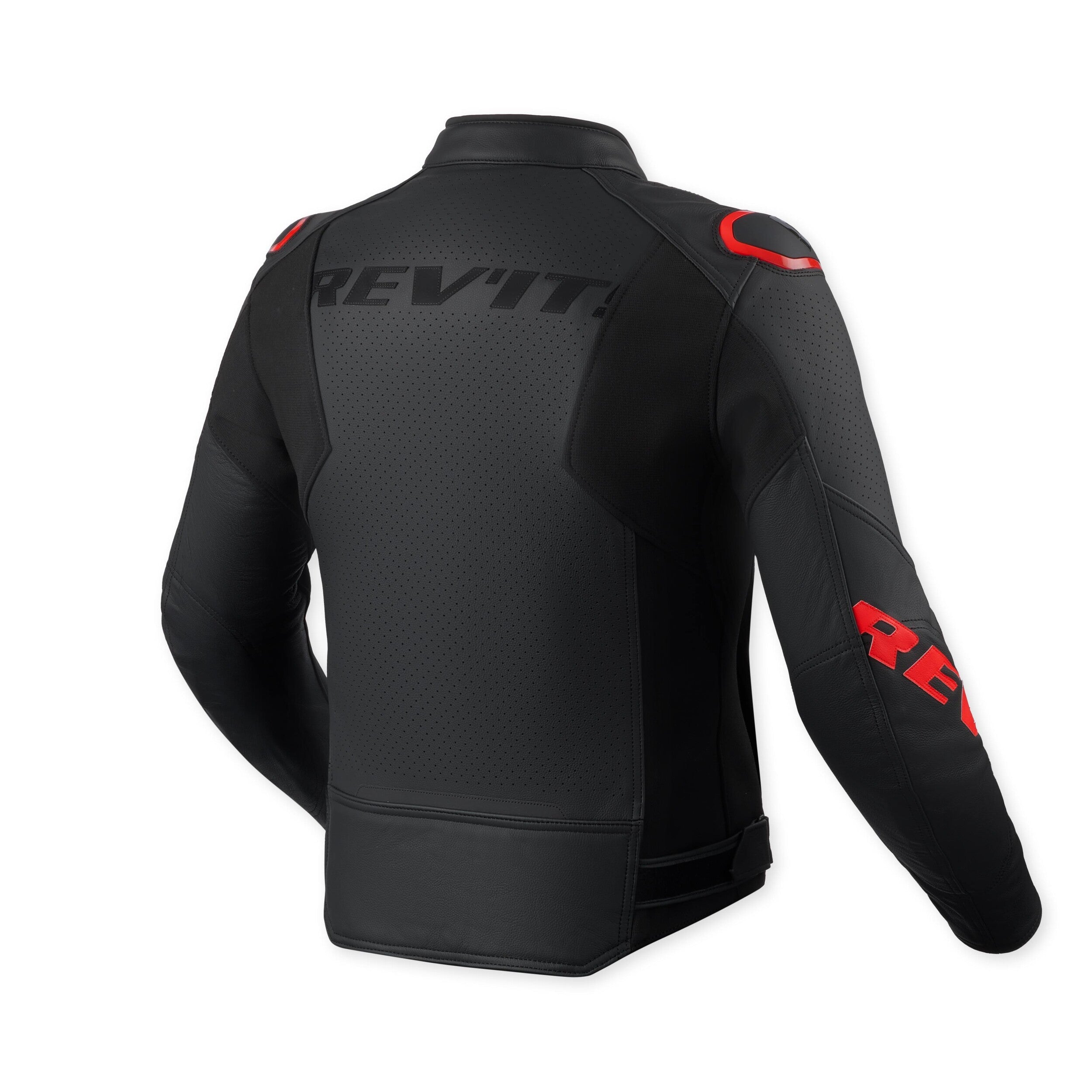Revit Quadratic Leather Jacket Black / Neon Red back view
