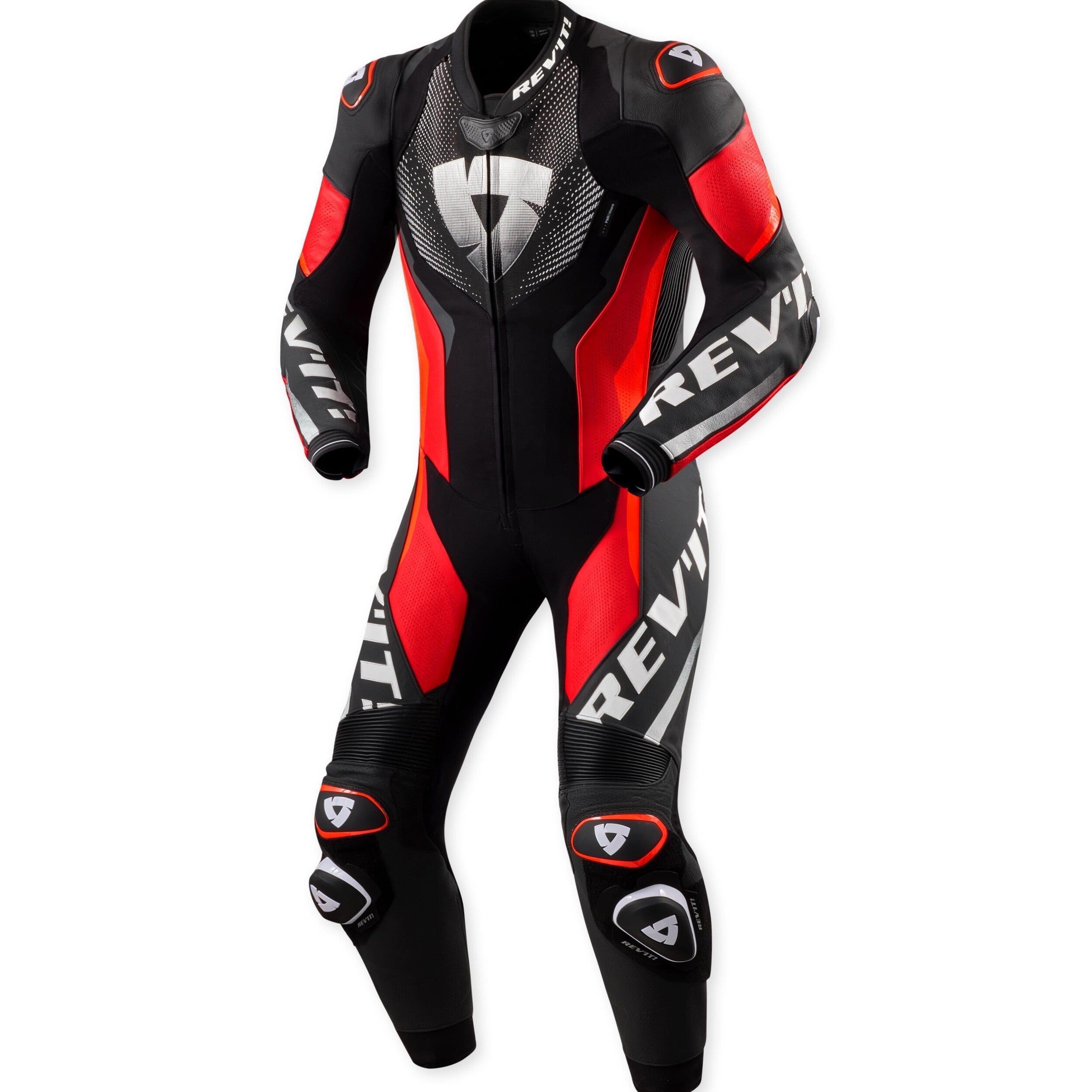 Revit Hyperspeed 3 One Piece Leather Suit Black / Neon Red front view