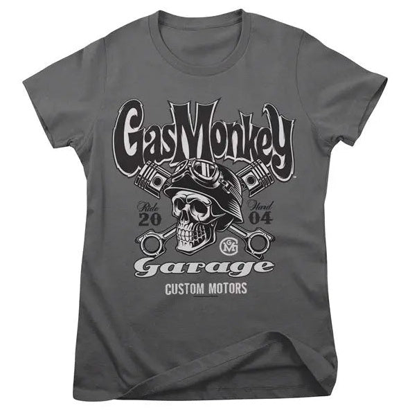 Gas Monkey Garage Custom Motors Skull Ladies T-Shirt Dark Grey — front view