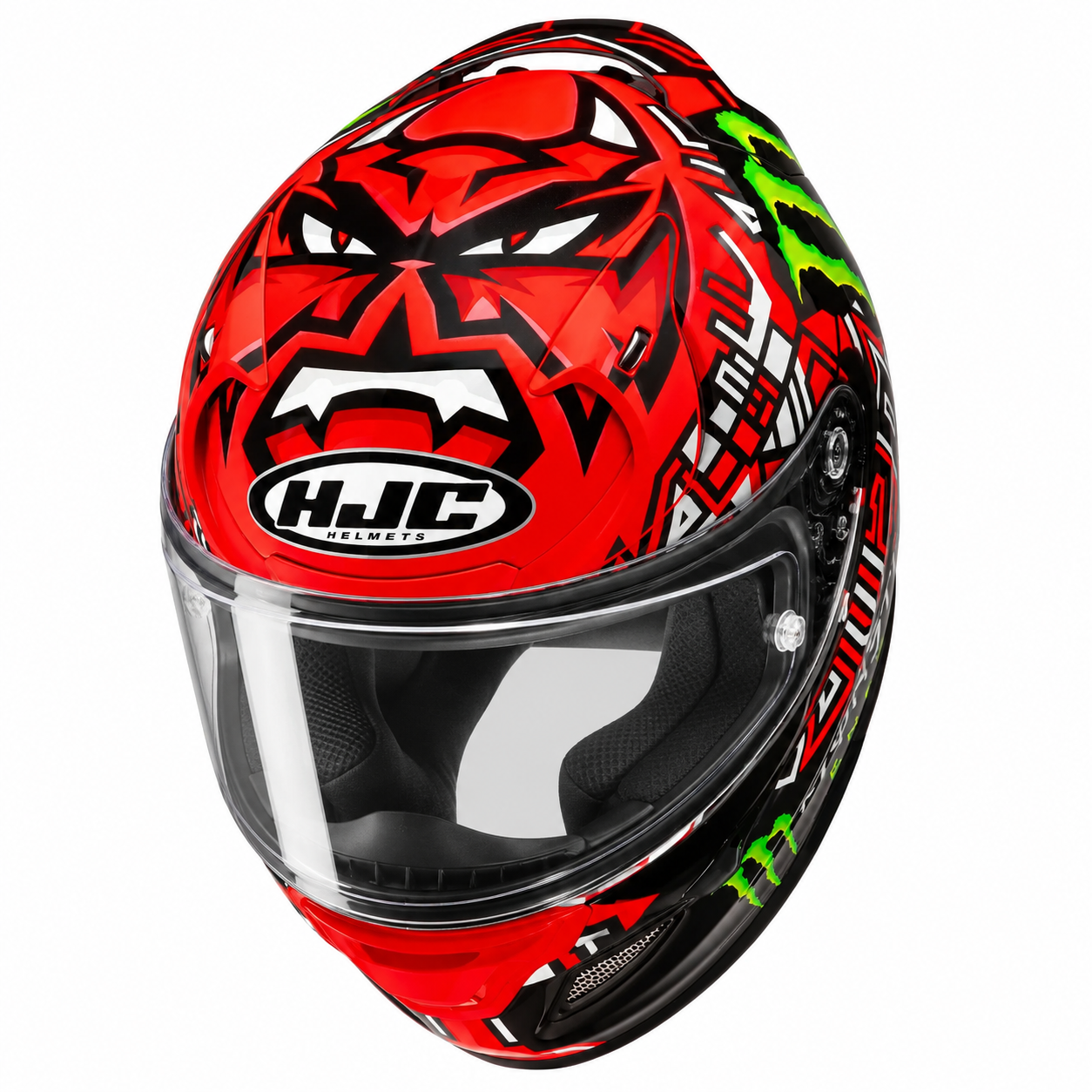 HJC RPHA 12 Quartararo Edition 2025 MC1 Black / Red, alternate full-face motorcycle helmet angle on white background