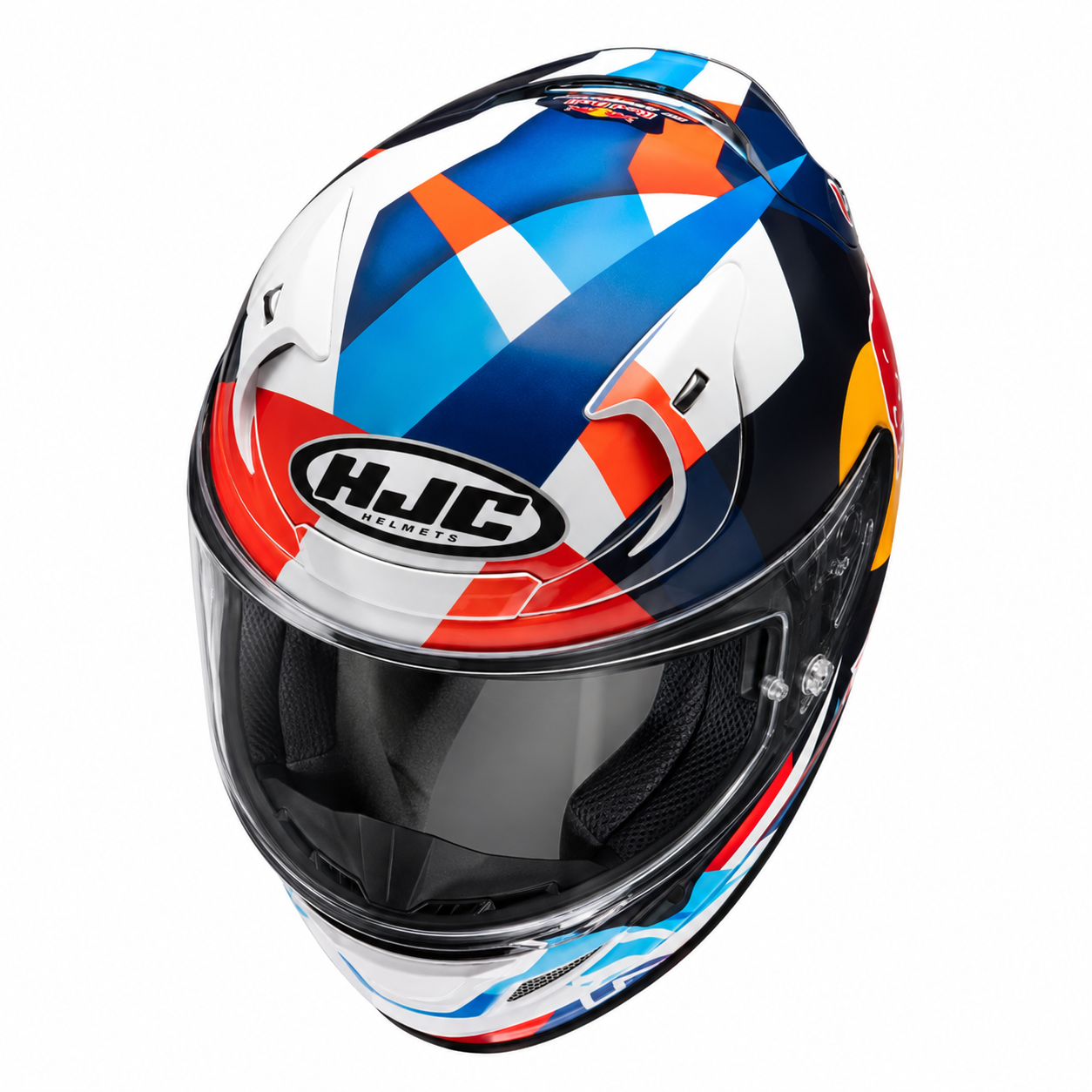 HJC RPHA 12 Red Bull Misano GP 2 MC21 White / Red / Blue, alternate full-face motorcycle helmet angle on white background